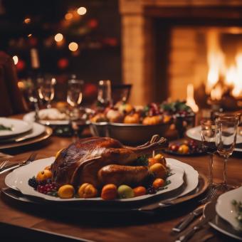 Thanksgiving Dinner in a Celebration Night in Front of the Fireplace