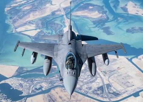 U.S. Air Force F-16 Fighting Falcons fly over