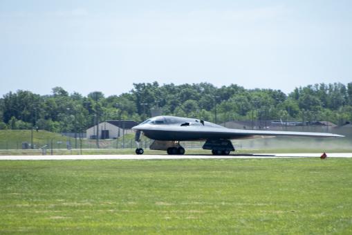 110th Bomb Squadron Commander Lt. Col. Justin Meyer takes off in a B-2