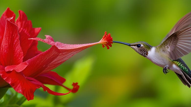 Free stock image of Hummingbird Hovering by a Hibiscus Blossom created by Infinity Focus