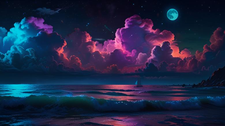 Free stock image of Neon Night Over a Moonlit Sea created by Infinity Focus