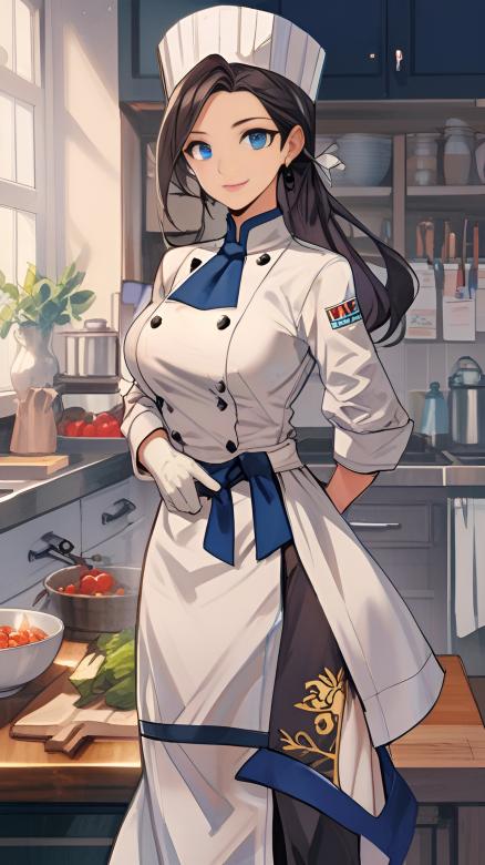Naraku no Kitchen - Ropp in a professional kitchen setting, anime illustration