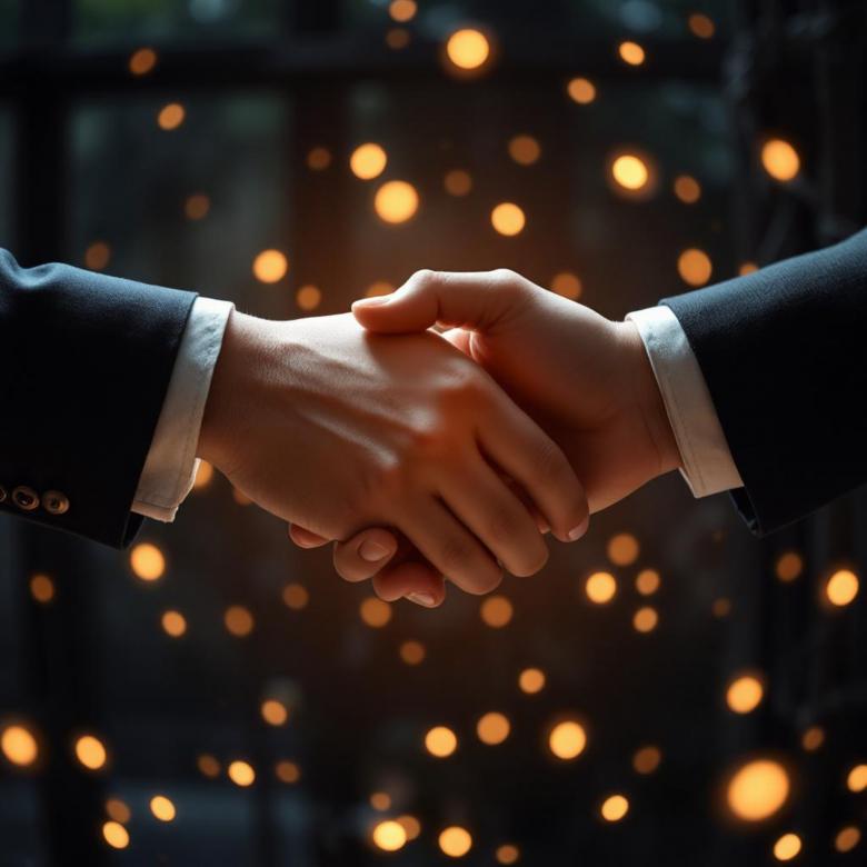Free stock image of Hands shaking with glowing lights in background created by William David 