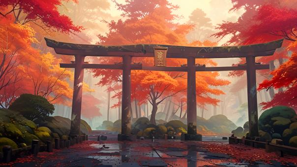 Mystical Japanese Autumn Landscape with Torii Gate