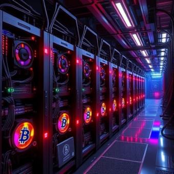 Bitcoin mining farm with futuristic machinery and neon lighting