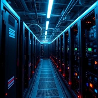 Bitcoin mining farm with futuristic machinery and neon lighting