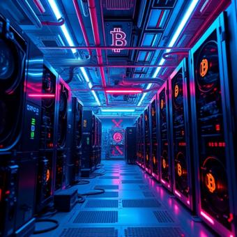 Bitcoin mining farm with futuristic machinery and neon lighting