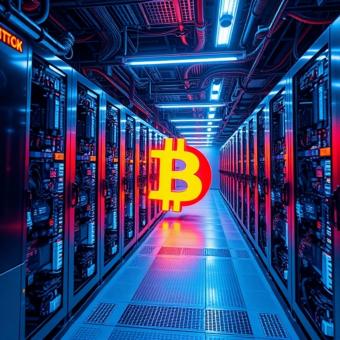 Bitcoin mining farm with futuristic machinery and neon lighting
