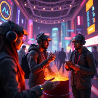 Metaverse avatars trading crypto assets in a virtual financial hub