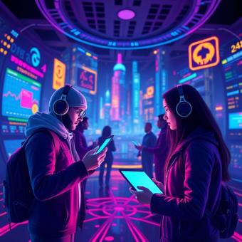 Metaverse avatars trading crypto assets in a virtual financial hub