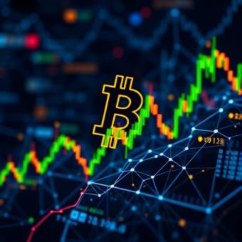 Bitcoin mining farm with futuristic machinery and neon lighting