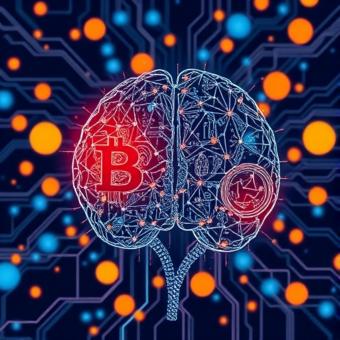 Bitcoin mining farm with futuristic machinery and neon lighting