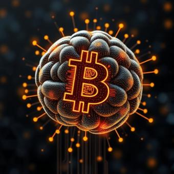 Bitcoin mining farm with futuristic machinery and neon lighting