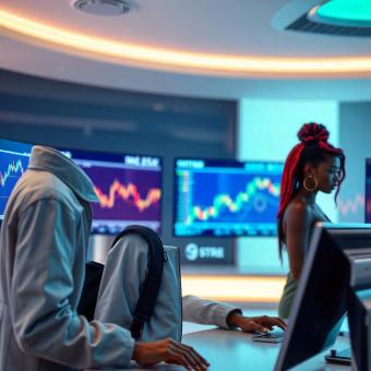 Metaverse avatars trading crypto assets in a virtual financial hub