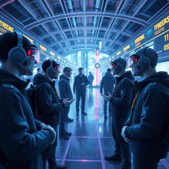 Metaverse avatars trading crypto assets in a virtual financial hub