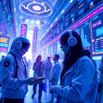 Metaverse avatars trading crypto assets in a virtual financial hub