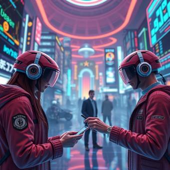 Metaverse avatars trading crypto assets in a virtual financial hub