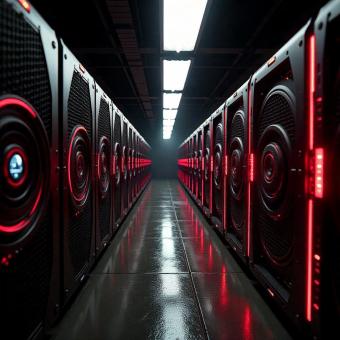Bitcoin mining farm with futuristic machinery and neon lighting
