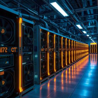 Bitcoin mining farm with futuristic machinery and neon lighting