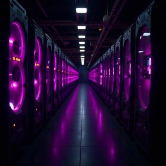 Bitcoin mining farm with futuristic machinery and neon lighting