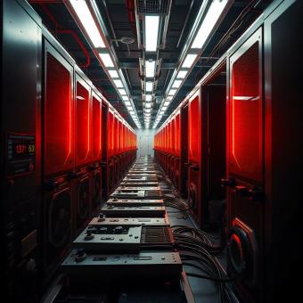 Bitcoin mining farm with futuristic machinery and neon lighting