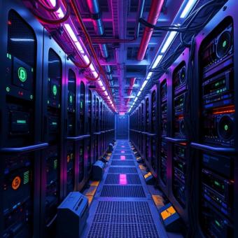 Bitcoin mining farm with futuristic machinery and neon lighting