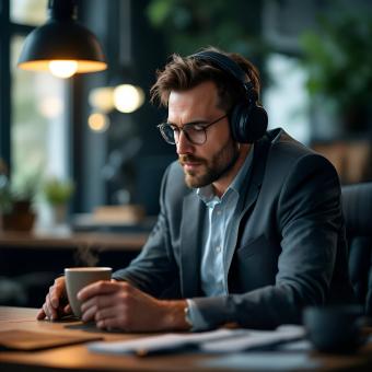Man working in his office drinking coffee