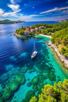 Croatia, coast, yacht, turquoise, water, beach, waves, panoramic, trav