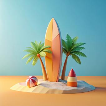 3d rendering of summer vacation concept with Surfboard and summer elem