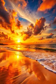 Beautiful orange sunset on the shore of the beach