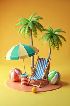 3d rendering of summer vacation concept with colorful summer elements 