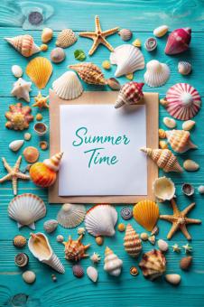 Summer time concept with blank greeting card and blank white paper on 