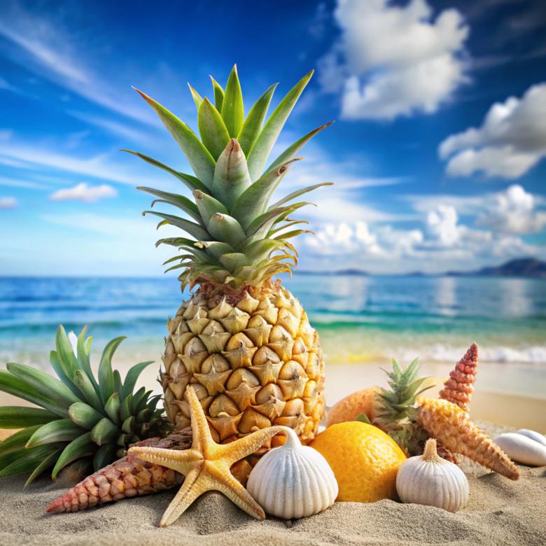 Free stock image of Summertime vibes with pineapple fruit and shellfish created by image stock