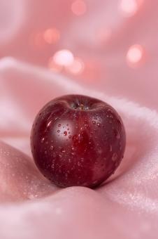 Fresh Red Apple with Water Droplets on Pink Fabric