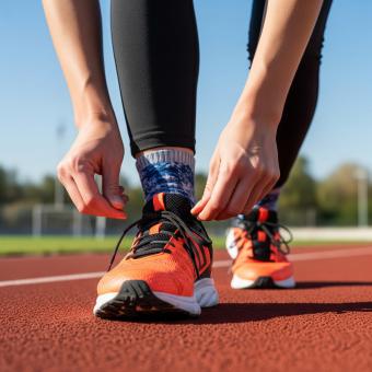 Close up of female hands tying shoelaces on running track.