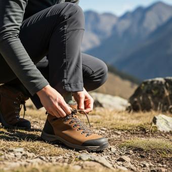 Woman tying shoelace of hiking boots on a mountain trail.