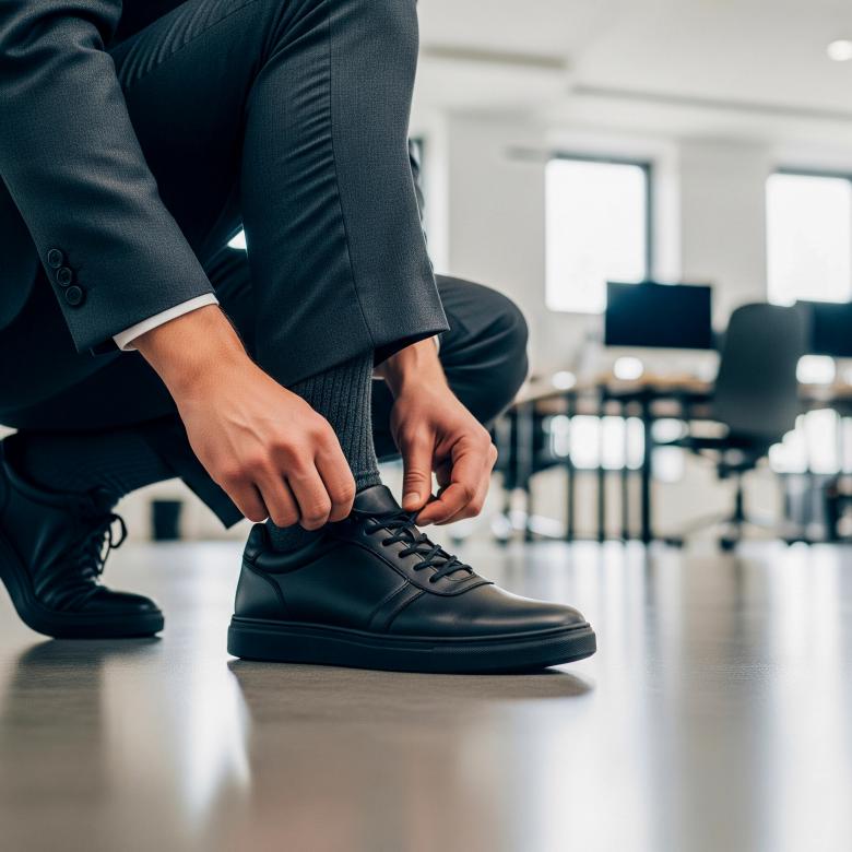 Free stock image of professional man adjusting his shoe laces before work created by Toyoong Digital