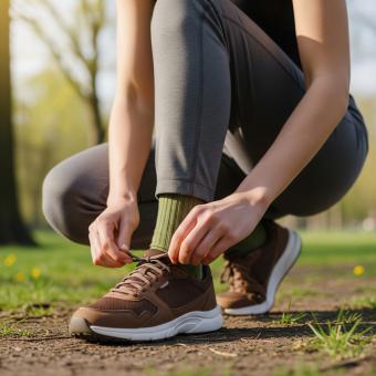 tying running shoes in the park