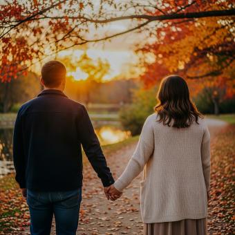 Couple holding hands walking on autumn path with vibrant sunset glow a