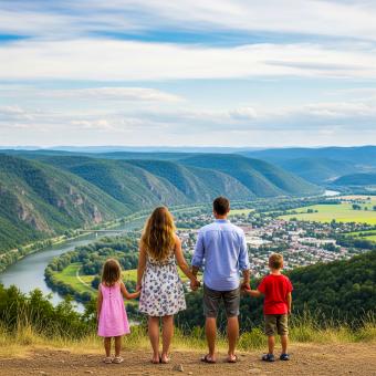 Joyful family holds hands admiring vast scenic valley and winding rive