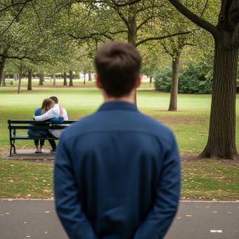 Man observes couple embracing on park bench evoking feelings of longin