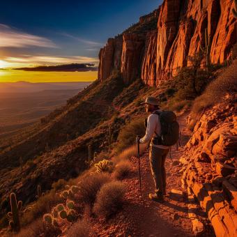 Adventurous hiker pauses on scenic desert trail at golden hour, embrac