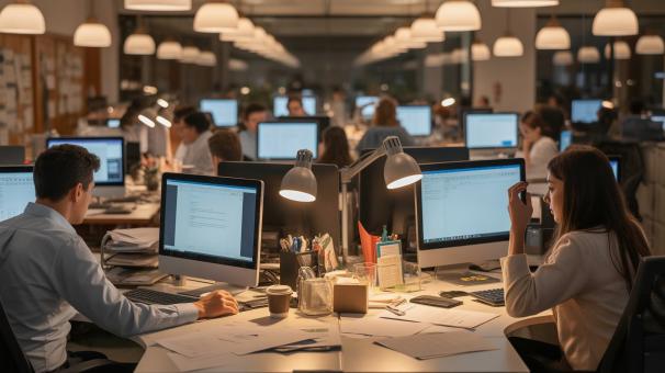 Focused professionals collaborating late into the night, bathed in the