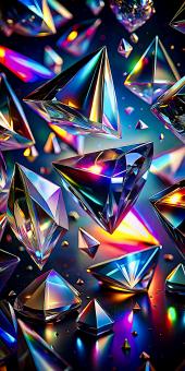 Abstract Geometric Crystals Reflecting Vibrant Rainbow Light and Dark 