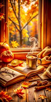 Cozy Autumn Evening Reading With Hot Drink And Pumpkins	
