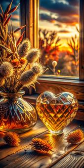 Golden Hour Warmth A Heart Shaped Glass and Autumn Decor	