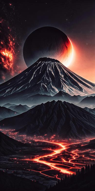 Free stock image of Epic Lunar Eclipse Over Volcanic Mountain Landscape Fiery Glow	 created by Sohel Tanwar 