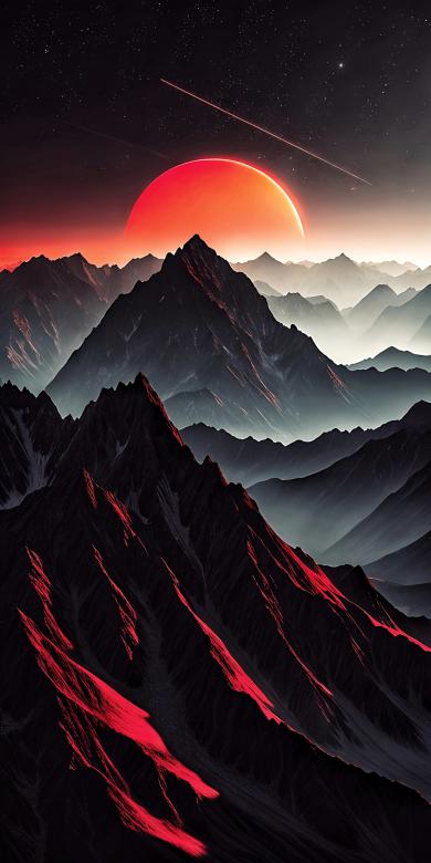 Free stock image of Fiery Sunset Over Jagged Mountain Peaks Under A Starry Sky	 created by Sohel Tanwar 