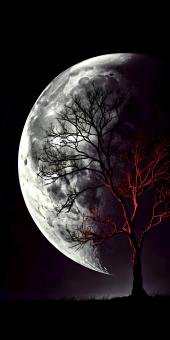Mysterious Tree Silhouetted Against a Large Full Moon and Night Sky	