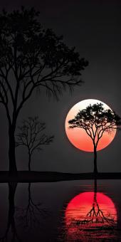 Tranquil Night Scene With A Fiery Sunset Reflected In Water	